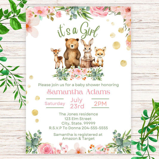 Woodland It's a Girl Baby Shower Invitation- Printable