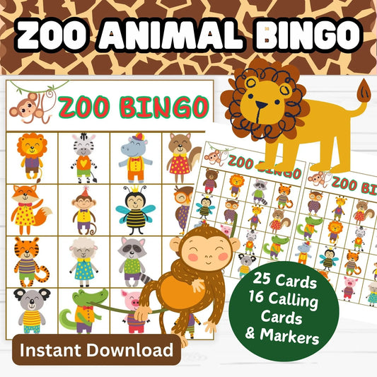 Zoo bingo, printable bingo, kids party game, animal bingo, preschool activity, kindergarten game, 