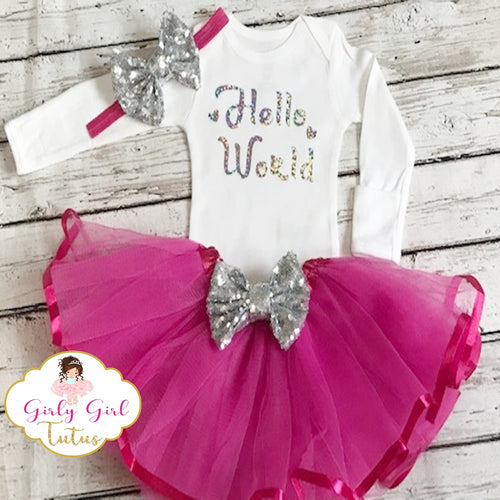 Pink Baby Girl Take Home Outfit Set - Silver Glitter 