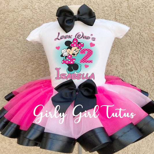 Minnie Mouse Pink Black Birthday Outfit Girl- Ribbon Tutu