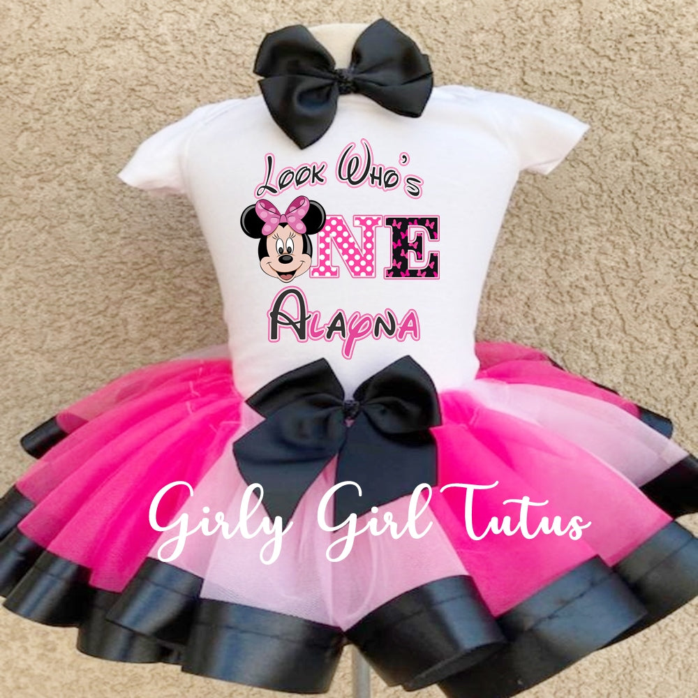 MInnie Mouse 1st Birthday Outfit Black/Pink- Ribbon Tutu